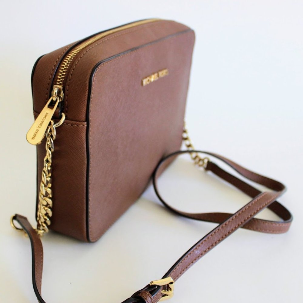 Michael Kors Brown/Tan Jet Set Large Saffiano Leather Crossbody Bag - Picture 9 of 12